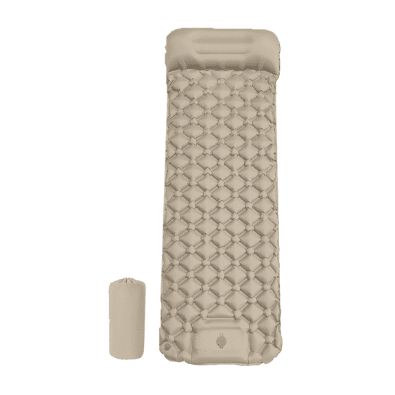 This lightweight and portable self-inflating mattress is ideal for outdoor camping and overnight stays. It features a built-in foot pump for rapid inflation. Khaki color.