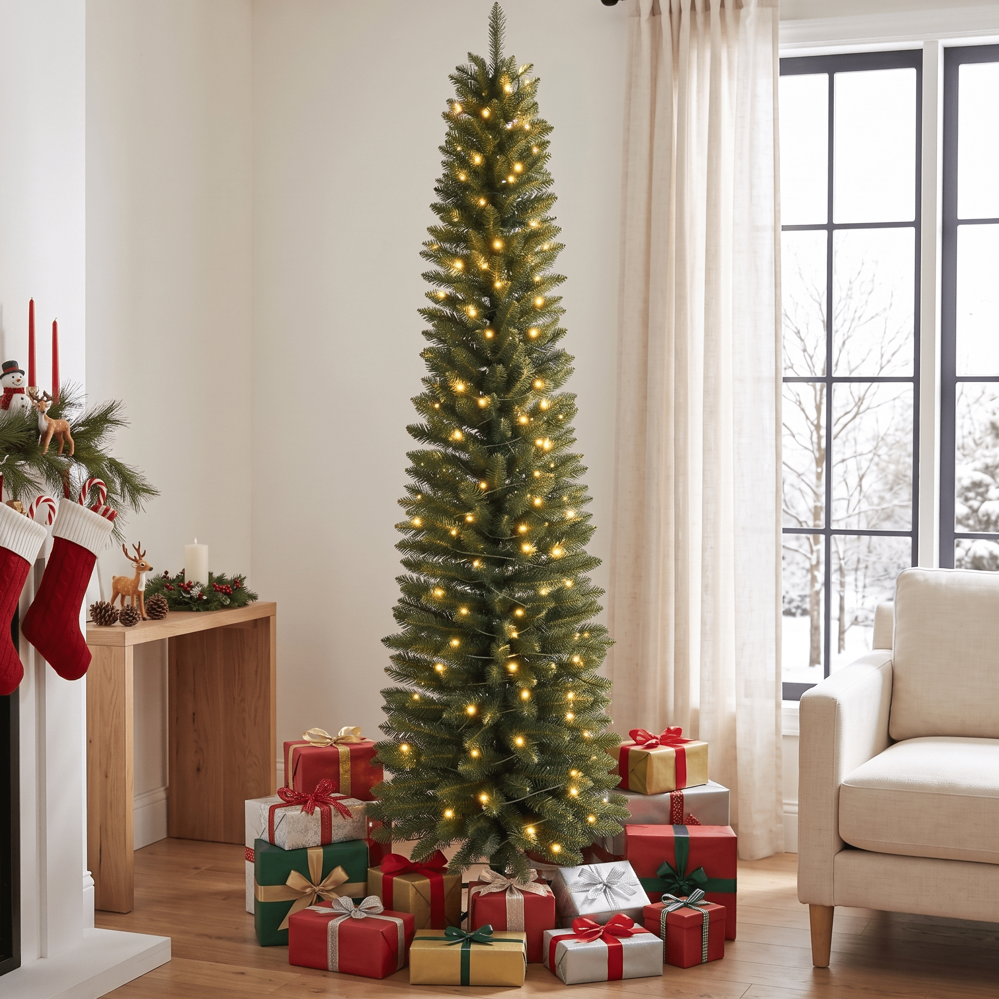 liguanow 7ft Prelit Green Pencil Christmas Tree, 405 PVC Tips, 180 Warm ...