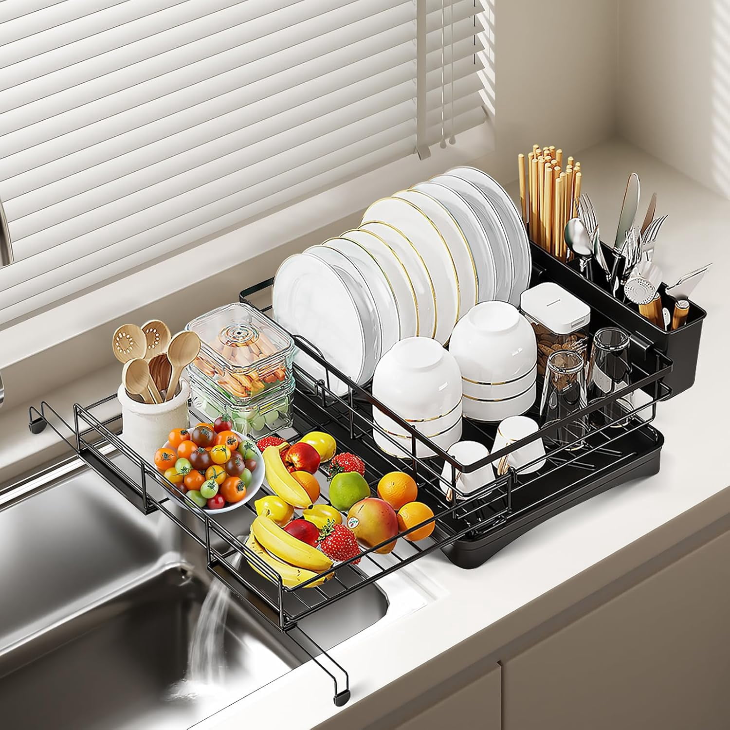 lihgd Extendable Dish Drying Rack Large Drying Dish Drainer for Kitchen ...