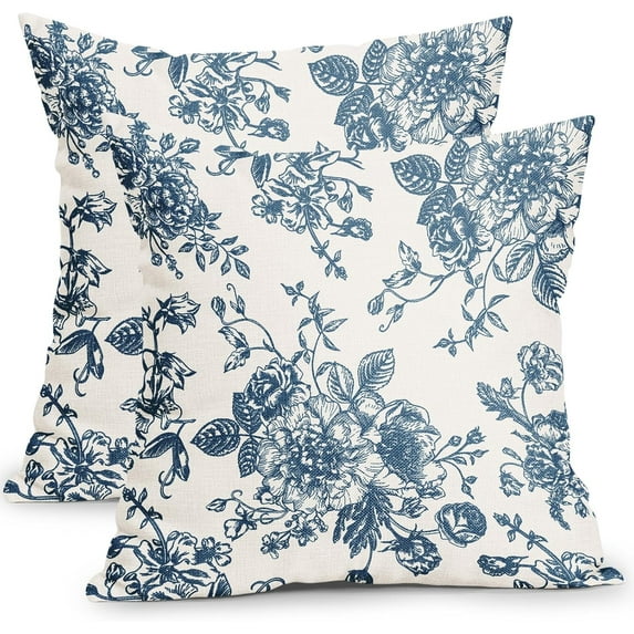 liiduwuibds Pink and Cream Floral Pillow Covers 18x18 Inch Set of 2 Vintage Throw Chinoiserie Flower Pillowcases Farmhouse Cotton Linen Cushion for Couch Bed Sofa Chair Home Decor