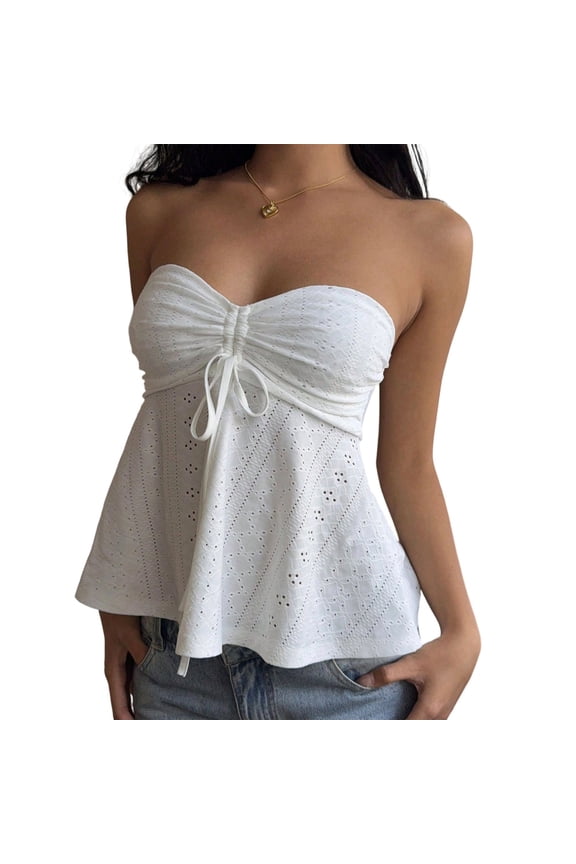 Babydoll Tube Top Tie Front Ruched Summer Strapless Peplum Flared Cute Bandeau Tops for Date