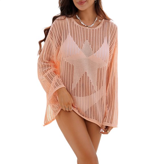 liilaimic Crochet Bathing Suit Cover Up Pentagram Fashion Crochet Knit Top Bikini Suit Cover Ups for Beach Pool