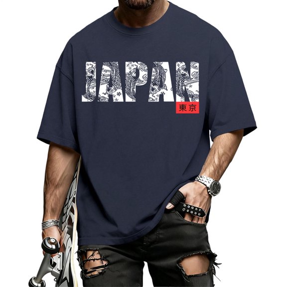 liilaimic Japanese Tshirt Men Japan Tokyo Oversized Casual Crewneck Cotton T Shirt Trendy Clothes for Streetwear