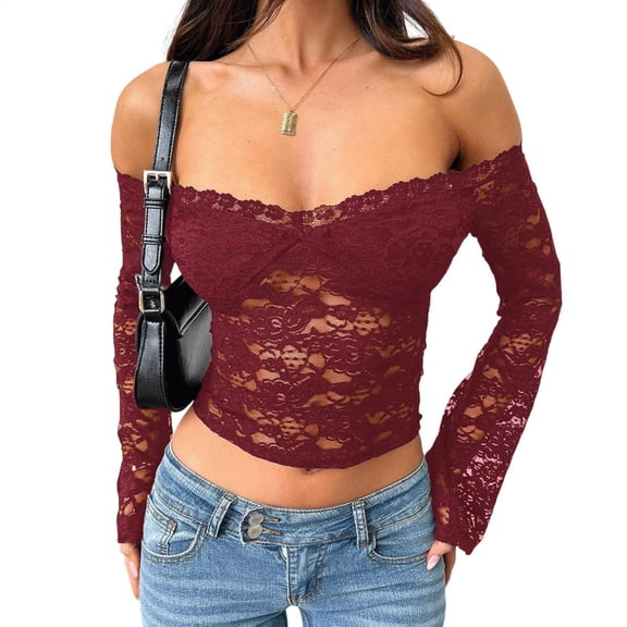 liilaimic Lace off Shoulder Top Floral Lace Sexy Sheer Going Out Tops Slim Fit Long Sleeve Blouses for Party Travel