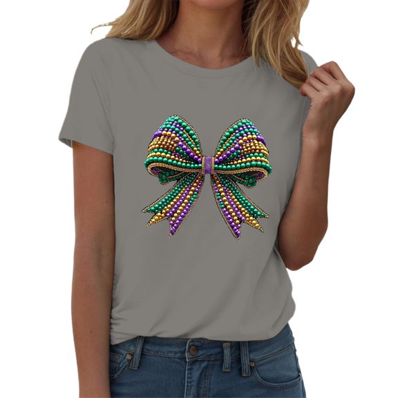 liilaimic Mardi Gras Tshirts Women Crew Neck Bow Fashion Carnival T Shirts Casual Tops Short Sleeve Everyday Wear