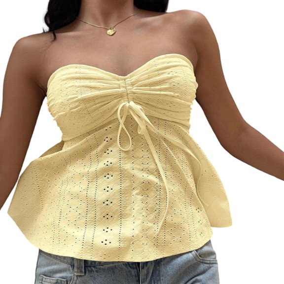 liilaimic Strapless Peplum Top Tie Front Ruched Summer Strapless Peplum Flared Cute Bandeau Tops for Date