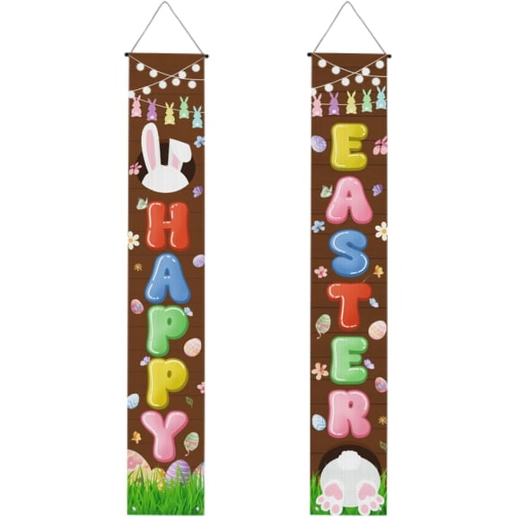 lijoe Easter Porch Sign Banner Happy Easter Door Hanging Signs with Bunny Ears and Rabbit Colorful Balloon Letters Eggs Spring Flowers Rustic Wood Party Supplies for Holiday Home 70 x 12 Inch