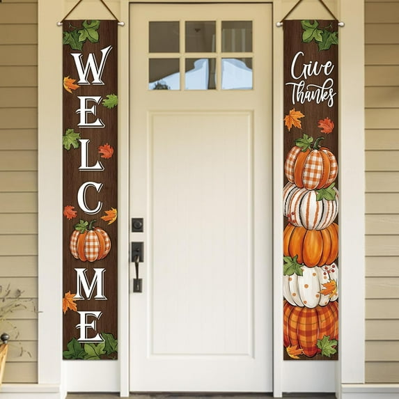 lijoe Thanksgiving Give Thanks Porch Banner Sign, Fall Pumpkin Patch Maple Leaves Front Door Decorative Hanging Welcome Banner Flag, Autumn Buffalo Plaid Farmhouse Decoration Home Outdoor Yard Decor