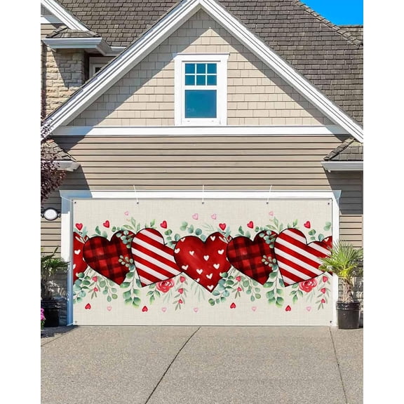lijoe Valentine''s Day Garage Door Banner Cover, Garage Door Decorations, Red Strip Plaid Love Eucalyptus Beige Burlap Holiday Garage Door Covers Backdrop for Party Indoor Outdoor Wall Decor 6x13Ft