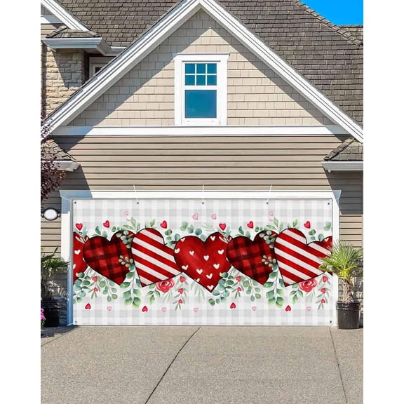 lijoe Valentine''s Day Garage Door Banner Cover, Garage Door Decorations, Red Strip Plaid Love Eucalyptus Grey Check Holiday Garage Door Covers Backdrop for Party Indoor Outdoor Wall Decor 7x16Ft