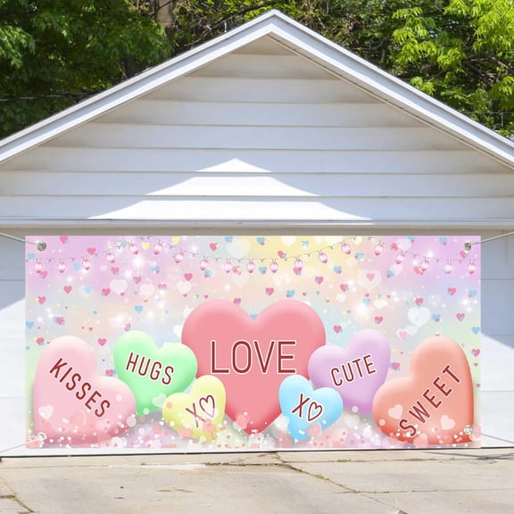 lijoe Valentines Day Garage Door Decorations Background Sweethearts Candy Conversation Hearts Rainbow Pink Photography Backdrops Sweet Heart Valentine''s Day Party Party Decor Banner Cover 16X7FT