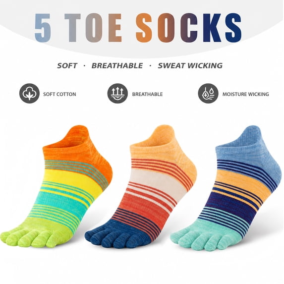 likloks 3 Pairs Cotton 5 Toe Socks for Men & Women, Breathable Moisture Wicking Low Cut Striped Athletic Socks for Running, Cycling & Sports Large