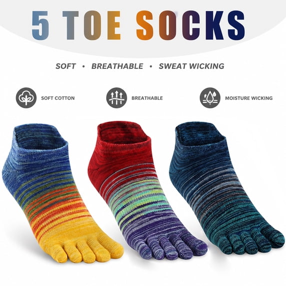 likloks 3 Pairs Cotton 5 Toe Socks for Men & Women, Breathable Moisture Wicking Low Cut Striped Athletic Socks for Running, Cycling & Sports Medium