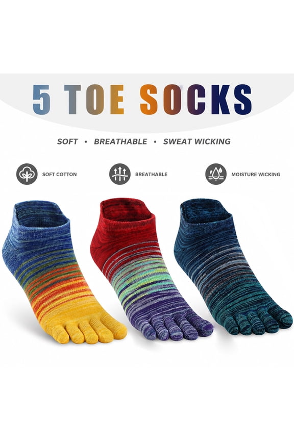 3 Pairs Cotton 5 Toe Socks for Men & Women, Breathable Moisture Wicking Low Cut Striped Athletic Socks for Running, Cycling & Sports Medium