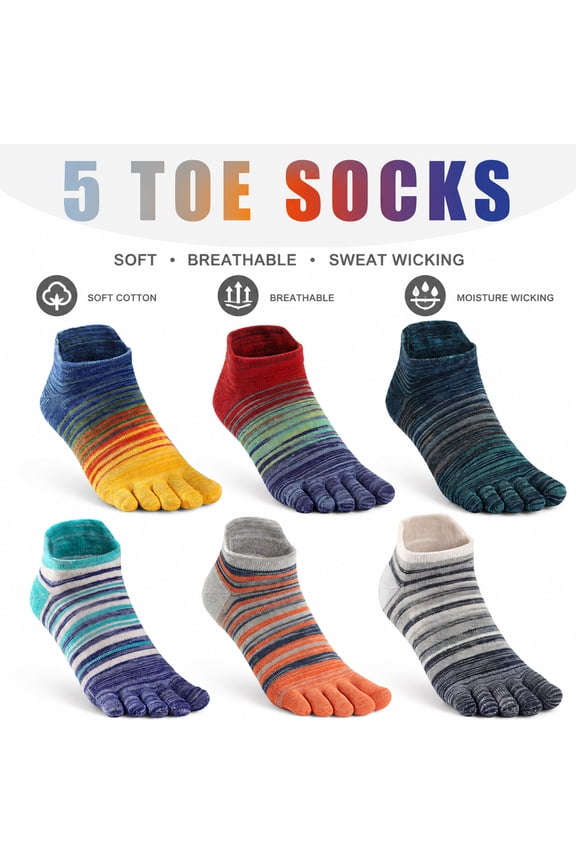 6 Pairs Cotton 5 Toe Socks for Men & Women, Breathable Moisture Wicking Low Cut Striped Athletic Socks for Running, Cycling & Sports Large