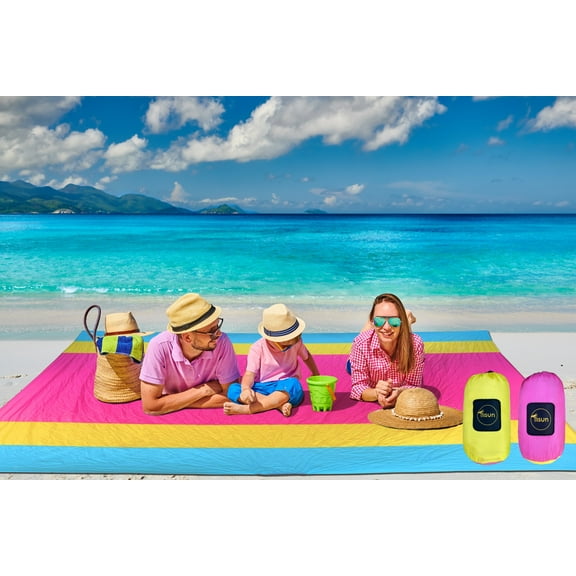 lilSun Beach Blanket Oversized, Sand Free Picnic Mat, XL 10x9 for 8 Adults-10 kids, Large Lightweight Durable,4 Stakes & Pockets, Sandproof Accessories Bag, Outdoor Baby Beach Gear Vacation Essentials