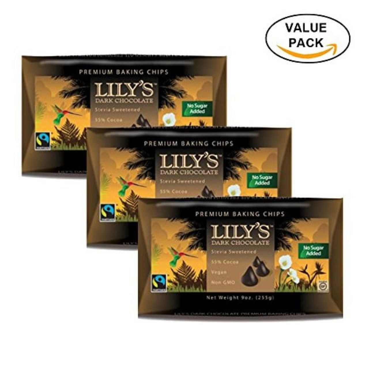 lilly's dark chocolate chips, stevia, vegan, 55 cocoa, nongmo, sugar