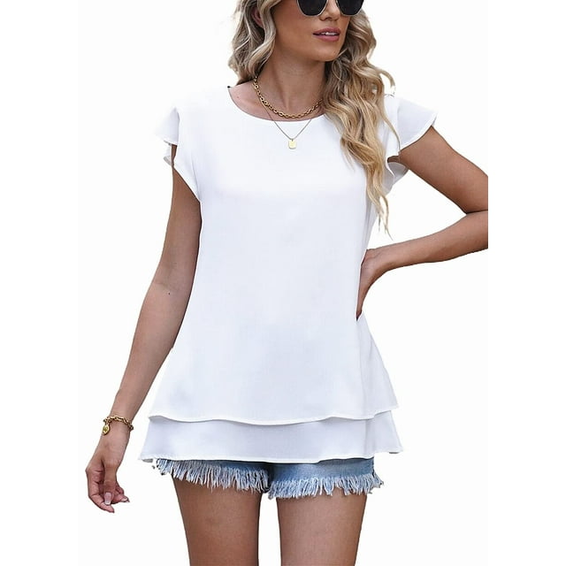 lime flare Women Dressy Double Layers Business Casual Blouse Tshirt Tops Summer Tunic Shirt (B
