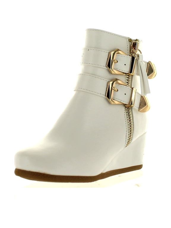 PEGGY-90K Children Girl's Wedge Heel Double Straps High Top Ankle Booties