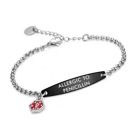 linnalove Medical id bracelet for Women Black Allergic to Penicillin alert bracelets