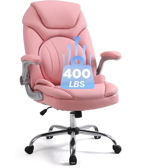 linting 400lbs Ergonomic Executive Office Chairs with Flip up Arms Back Support Cross Legged Rocking Managerial Chair PU Leather Comfy Office Desk Chairs with Wheels for Women, Pink