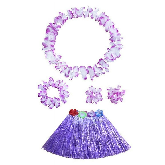 linyes Flower Garland Skirt Suit Hawaiian Hula Grass Skirt Hula with Flower Wristband Costume Suit Accessory Hawaiian Hula Tropical Beach Party Dress Up