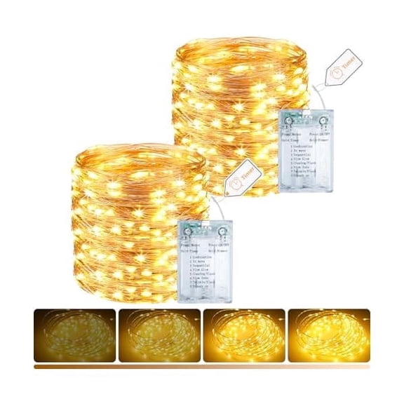 2 Pack Fairy Lights Battery Operated with Timer, 33Ft 100Led Twinkle String Lights Usb-C Powered 8 Modes Dimmable for Indoor Bedroom Centerpiece Wedding Classroom Dorm Christmas Decorations