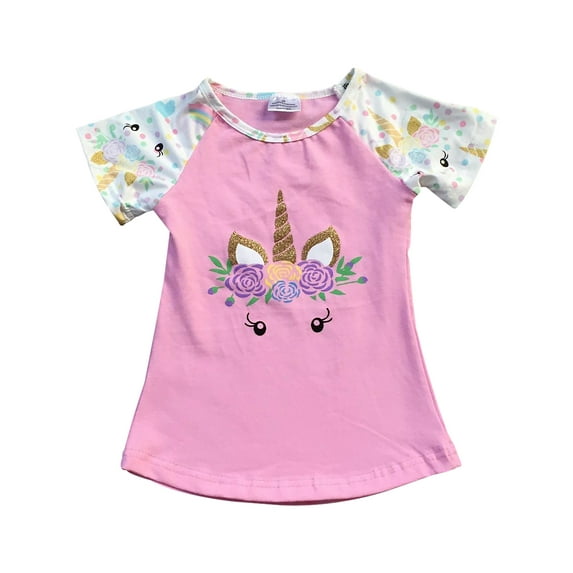 little girl kids short sleeve unicorn floral cotton shirt top tee t-shirt pink 6 xl (201342)