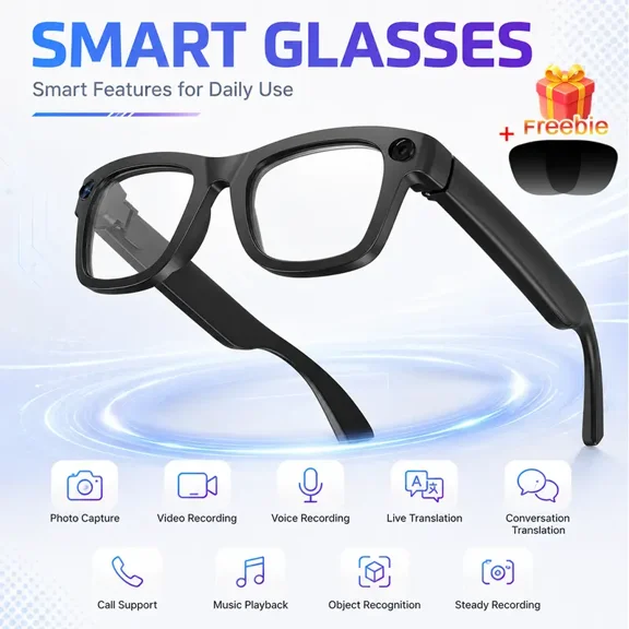 little meatball Smart Glasses with 8MP HD Camera Bluetooth Audio, Hands-Free POV Capture, 2 Pairs of Lenses Included, Men's Vlogging & Cycling Gear, Gift for Him
