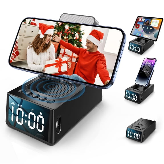liuliuliu06 Cell Phone Stand with Wireless Bluetooth Speaker & Alarm Clock, 3 in 1 Adjustable Holder with Anti-Slip Base Fits All Phones Tablets, Unique Tech Gifts for Men/Women, Dad