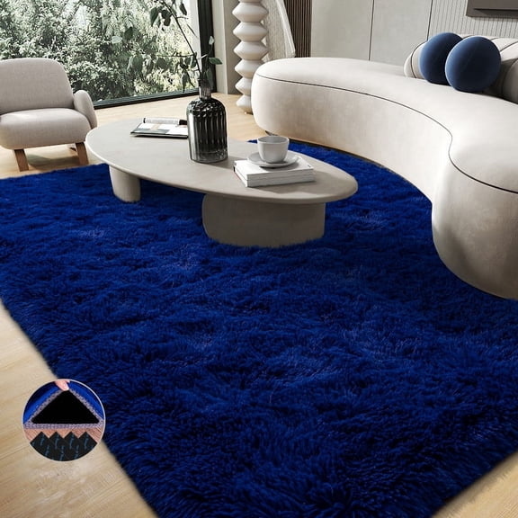 living room area rug 6x9ft Area Rugs for Living Room, Large Fluffy Black Rugs for Bedroom, Soft Carpet Shag Kids Room Rug, Non-Slip Stickers Rugs Indoor Bright Blue