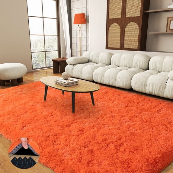 living room rug 5x7ft Area Rug for Bedroom, Red Rugs for Living Room Nursery Kids Room Dorm Home Decor Aesthetic, Fluffy Shaggy Rug with 4 Anti-Slip Carpet Tapes Non-Slip Stickers Orange