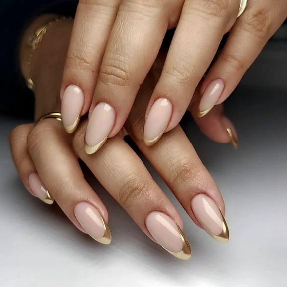 lixuesong 24 Pcs Gold French Tip Press On Nails Almond Shape False Nails Reusable Acrylic Nails Glossy Full Covers Stick on Nails