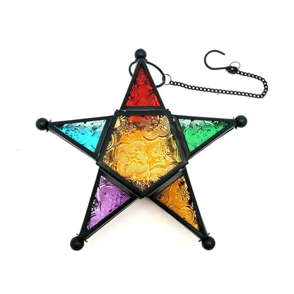 lixuesong Moroccans Star Shape Iron Hanging Candle Holder with Colored Glass Panel for Indoor and Outdoor Home Garden Decoration