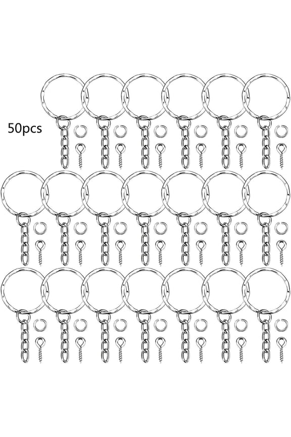 Multifunction 50x/Set Keychain Rings with Chain Open Jump Rings and Silver Screw Eye Pins for Craft Charm Jewelry Making