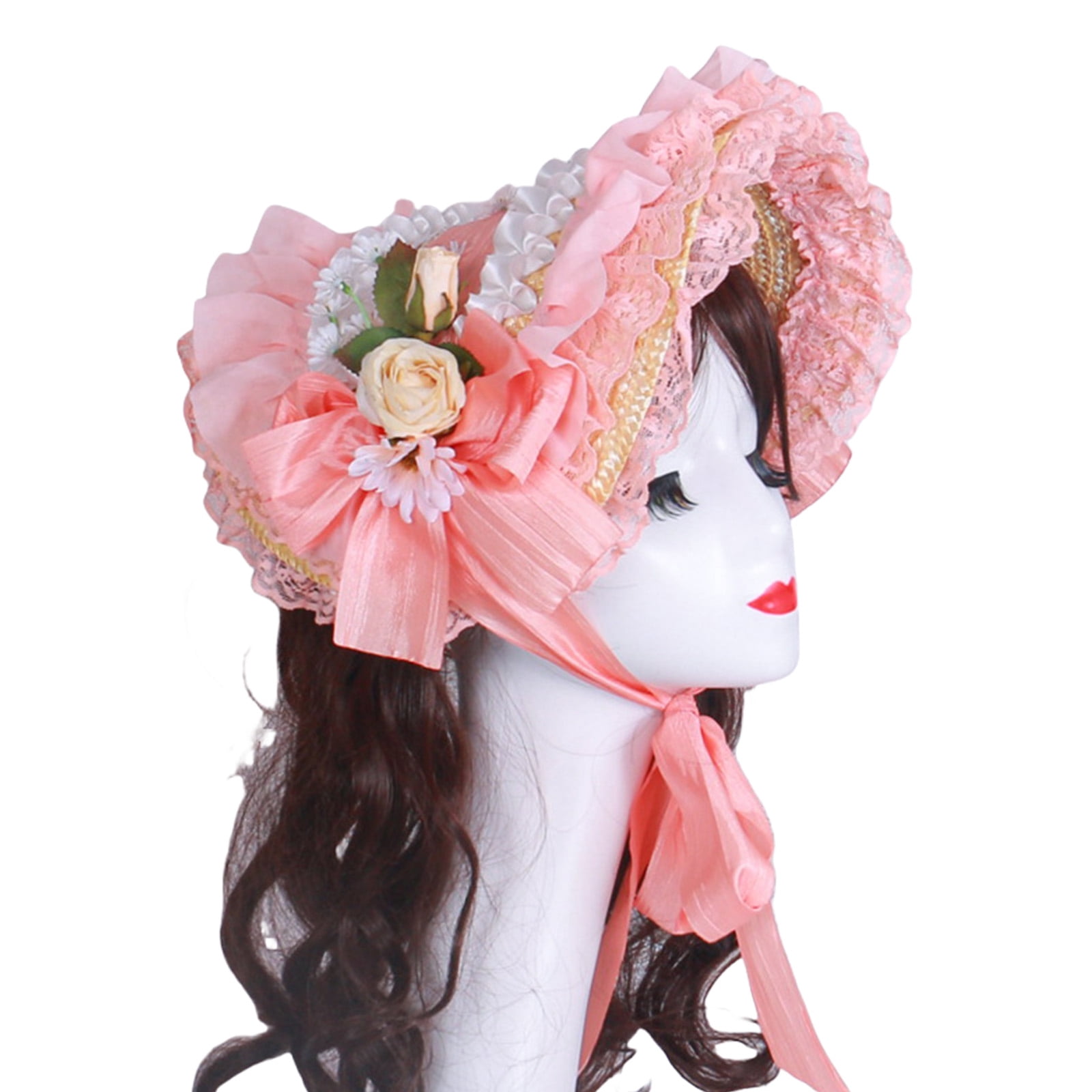 lixuesong Victorian Lace Designs Straw Bonnet Hat For Women With Ruffled Trim and Rose Flower For Cocktail Party And Cosplay Event