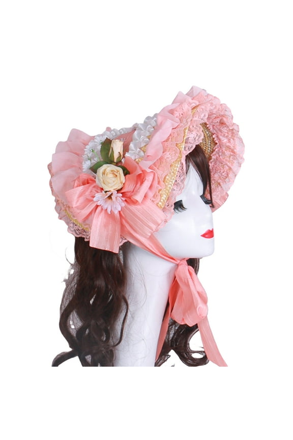 Victorian Lace Designs Straw Bonnet Hat For Women With Ruffled Trim and Rose Flower For Cocktail Party And Cosplay Event