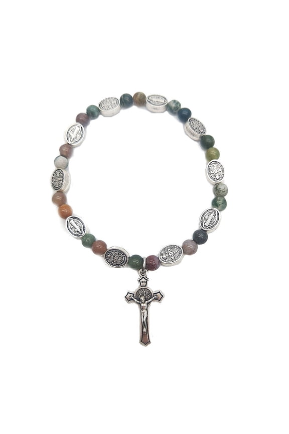 Vintage Catholicism Bracelets Handmade Colorful Natural Stone-Agate Rosary Beaded Cross-Charm Jewelry Accessory