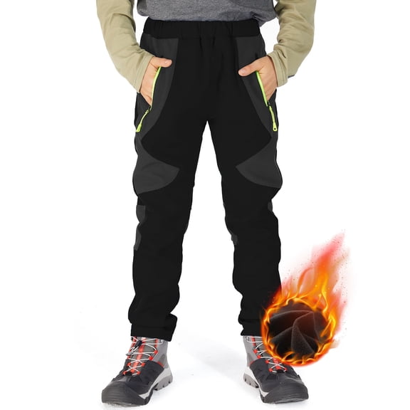 liyiyiyia Kids Boys Ski Pants Fleece Lined Hiking Snow Softshell Pants Girls Waterproof Elastic Waist Warm Insulated Trousers Black 10-12 Years