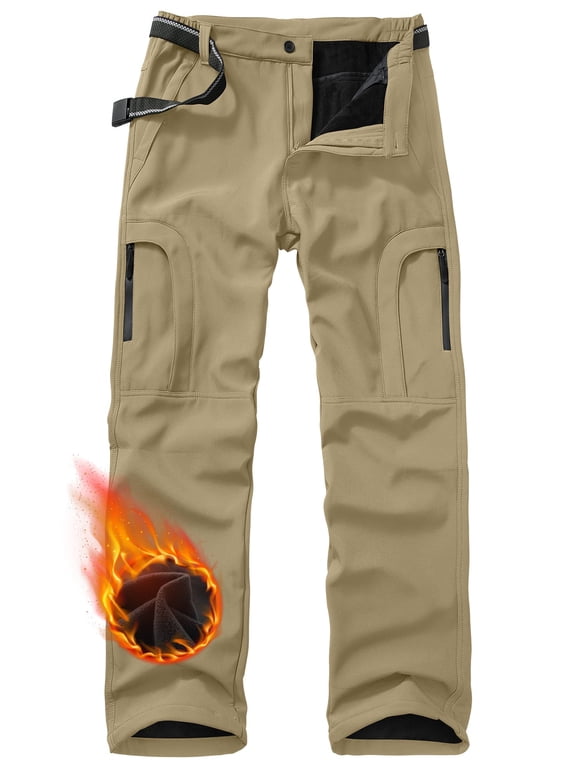 Men Fleece Lined Cargo Pants Softshell Ski Pant for Winter Outdoor Hiking Insulated Trousers w/Zipper Pockets