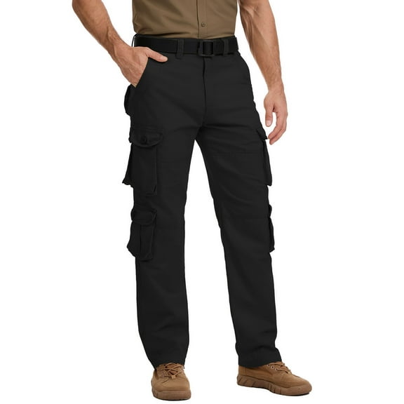 liyiyiyia Mens Black Cargo Pants Cotton Work Pants for Men Ripstop Trousers with 8 Pockets (No Belt)