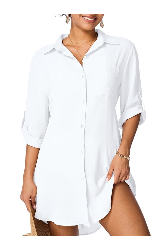 Swimsuit Coverup for Womens Shirt Dress Button Down Bathing Suit Bikini Cover Ups Beach Vacation Outfits White