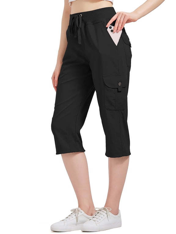Women Hiking Cargo Capris Pants Loose Fit Quick Dry Fishing Pants Casual Elastic Waist Lightweight Capri for Outdoor Travel