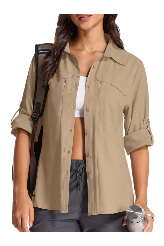 Womens Long Sleeve UPF Sun Protection Shirts Outdoor Quick Dry Safari Fishing Hiking Travel Button Shirts