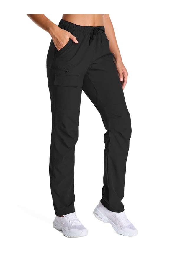 Womens Quick Dry Hiking Pants Elastic Waist Black Cargo Pants Lightweight Water Resistant Travel Work Trousers