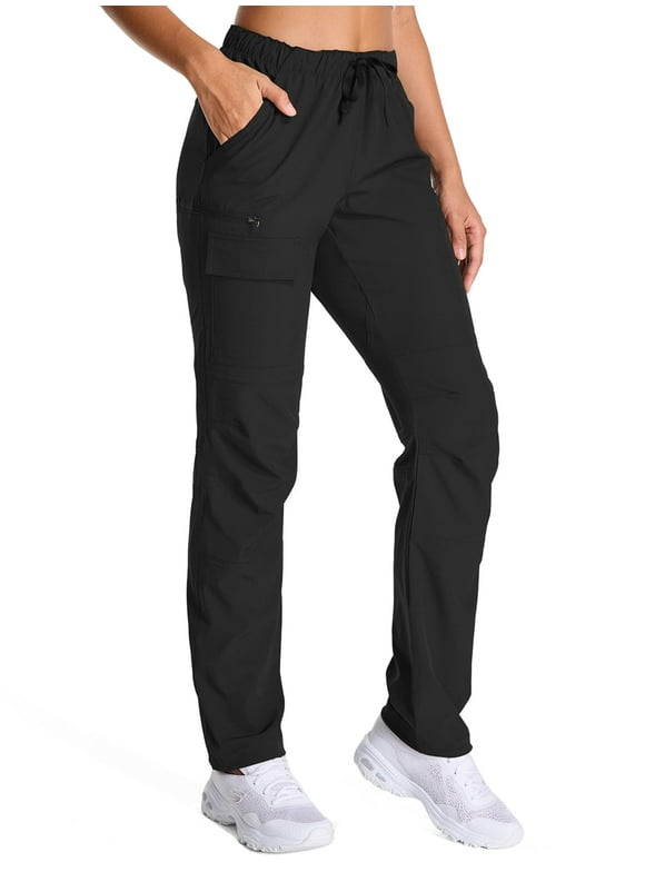 Womens Quick Dry Hiking Pants Elastic Waist Black Cargo Pants Lightweight Water Resistant Travel Work Trousers