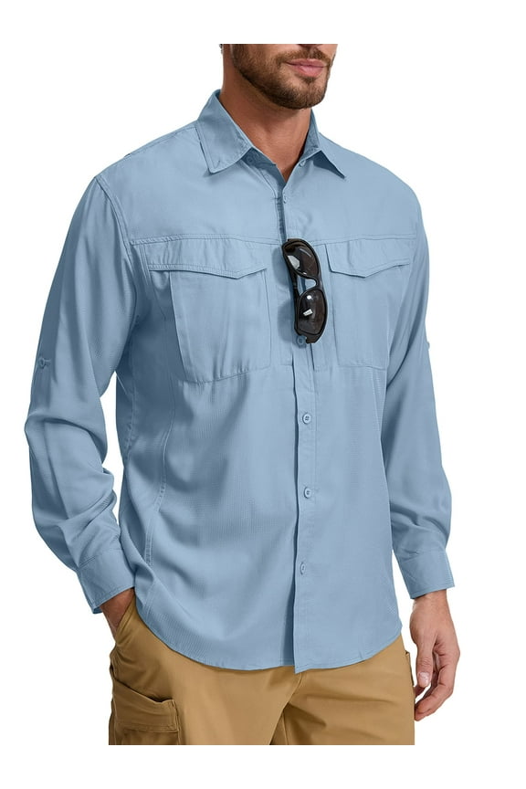 Mens Long Sleeve Button up Shirt for Travel Casual Work Tops Fishing Safari Convertible Shirts