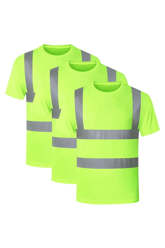 3 Packs Men's Reflective Safety Shirt Short Sleeve High Visibility Round-Neck T Shirt Construction Work Shirts Breathable Unisex Safety Workwear - Yellow