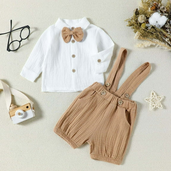 lkfuzj Baby Boy Clothes Suits Toddler Formal Short Shirt  Bowtie  Suspender Shorts Gentleman Wedding Outfit