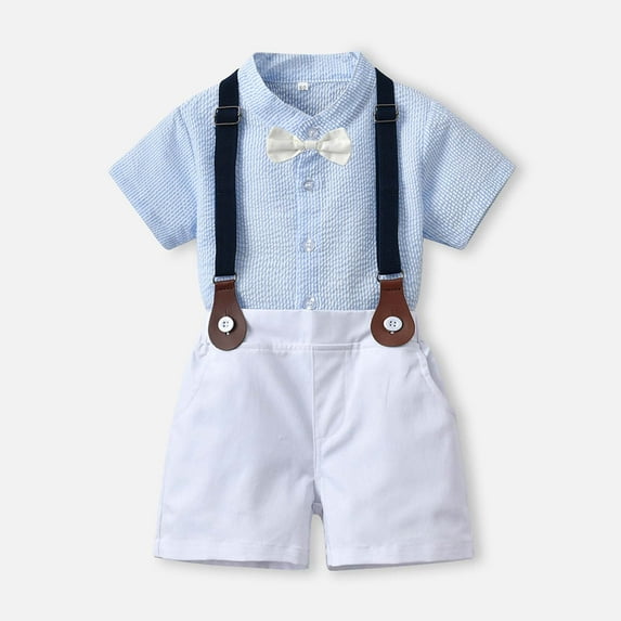 lkfuzj Baby Boys Gentleman Outfits Shorts Sets, Infant Shirt + Shorts + Bow Tie + Suspenders Boys Spring Short Sleeve Solid Color Top & Strap Shorts Suit Outfit Blue